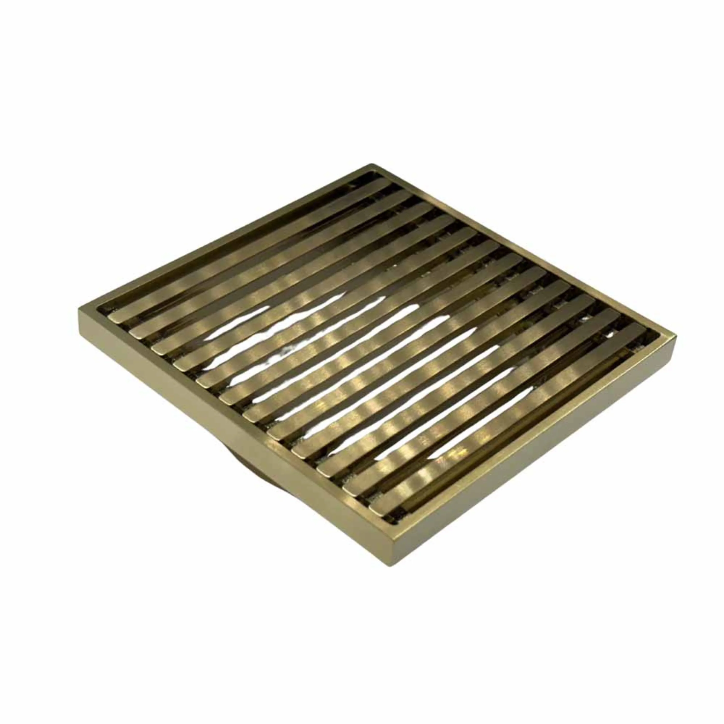115 x 115 Grate Top Floor Drain Brush Gold With Puddle Flange 80mm